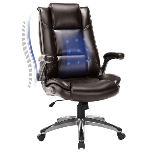 MALOL Leather Executive Office Chair - High Back Home Computer Desk Chair with Padded Flip-up Arms, Adjustable Tilt Lock, Swivel Rolling Ergonomic Chair for Adult Working Study, Brown