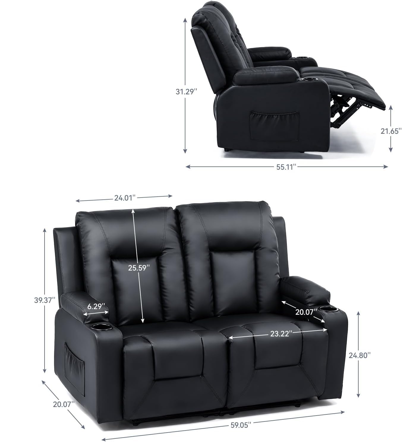 LUCKLIFE Leather Recliner Sofa Set with Manual Recliners,Living Room Furniture Set with Reclining Couch,Loveseat and Armchair,Living Room Chair with Cup Holders,Black (2)