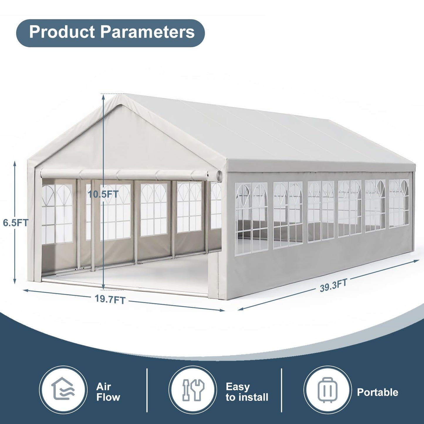 YOPTO 20x40 FT Party Tent,Outdoor Tents for Parties,Carport Car Canopy with 4 Storage Bags & Removable Sidewalls,Gazebo w/ 4 Ground Tubes,Commercial Tents for Wedding BBQ,White