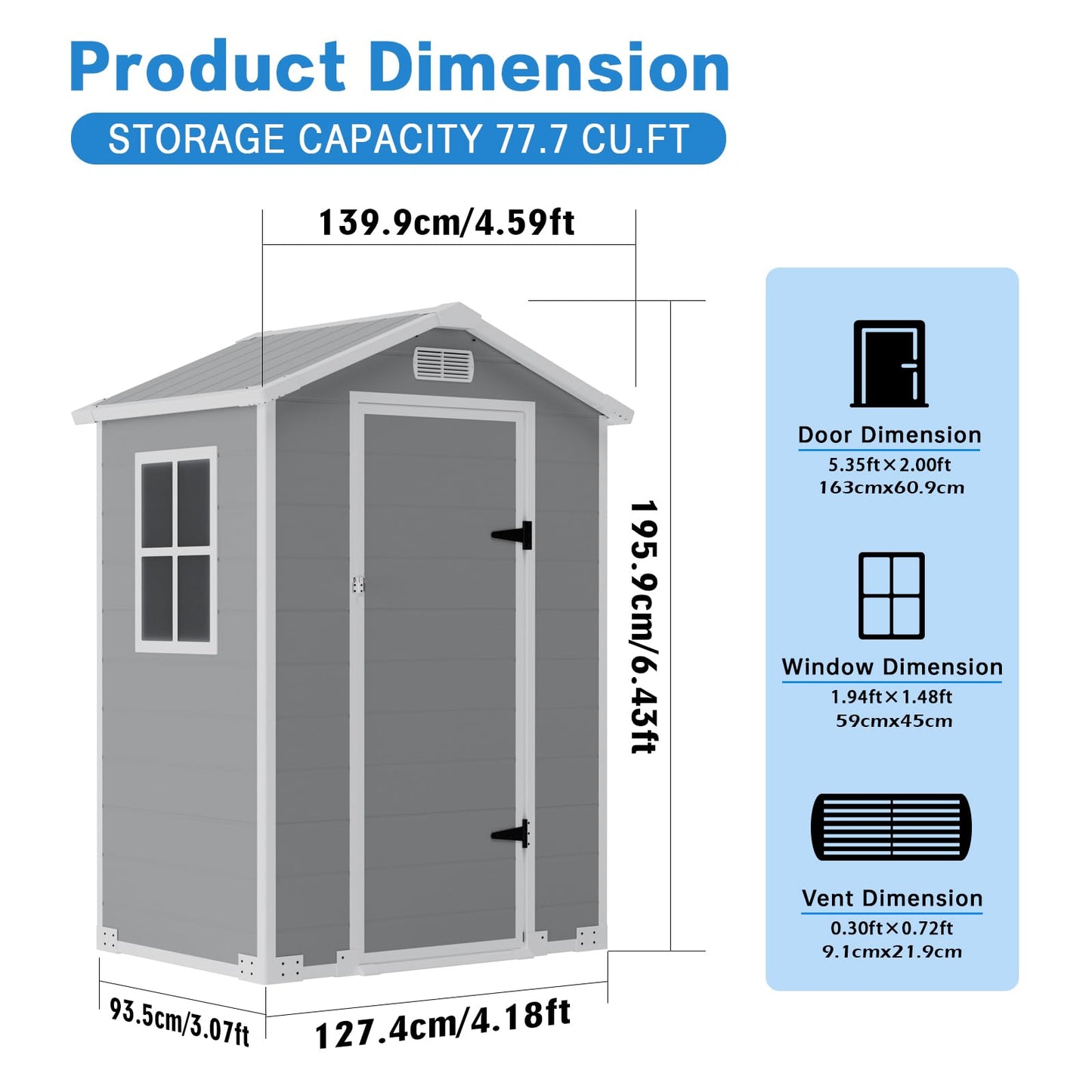 4x3 FT Outdoor Storage Shed, Resin Shed with Sloped Roof and Rain Holes, Storage Shed with Lockable Door and Transport Ramp, with Window＆Vent,Suitable for Backyard, Garden, Patio, Lawn, Gray