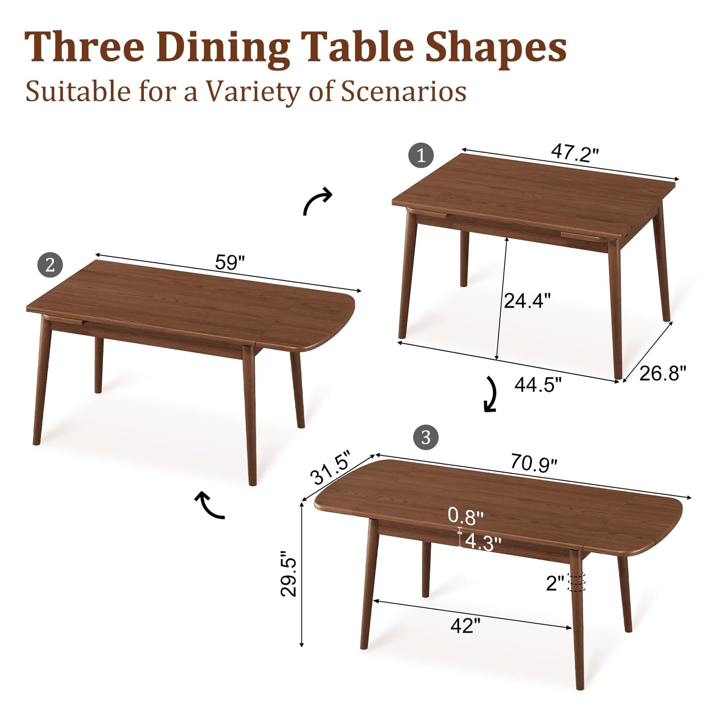 DONGMUWUJEE Solid Wood Extendable Dining Table for 4-8, 47.2” to 70.8” Expandable Table, Easy Assembly Extendable Dining Room Table, 3-in-1 Design, Ideal for Dining Room, Kitchen, Living Room (Walnut)