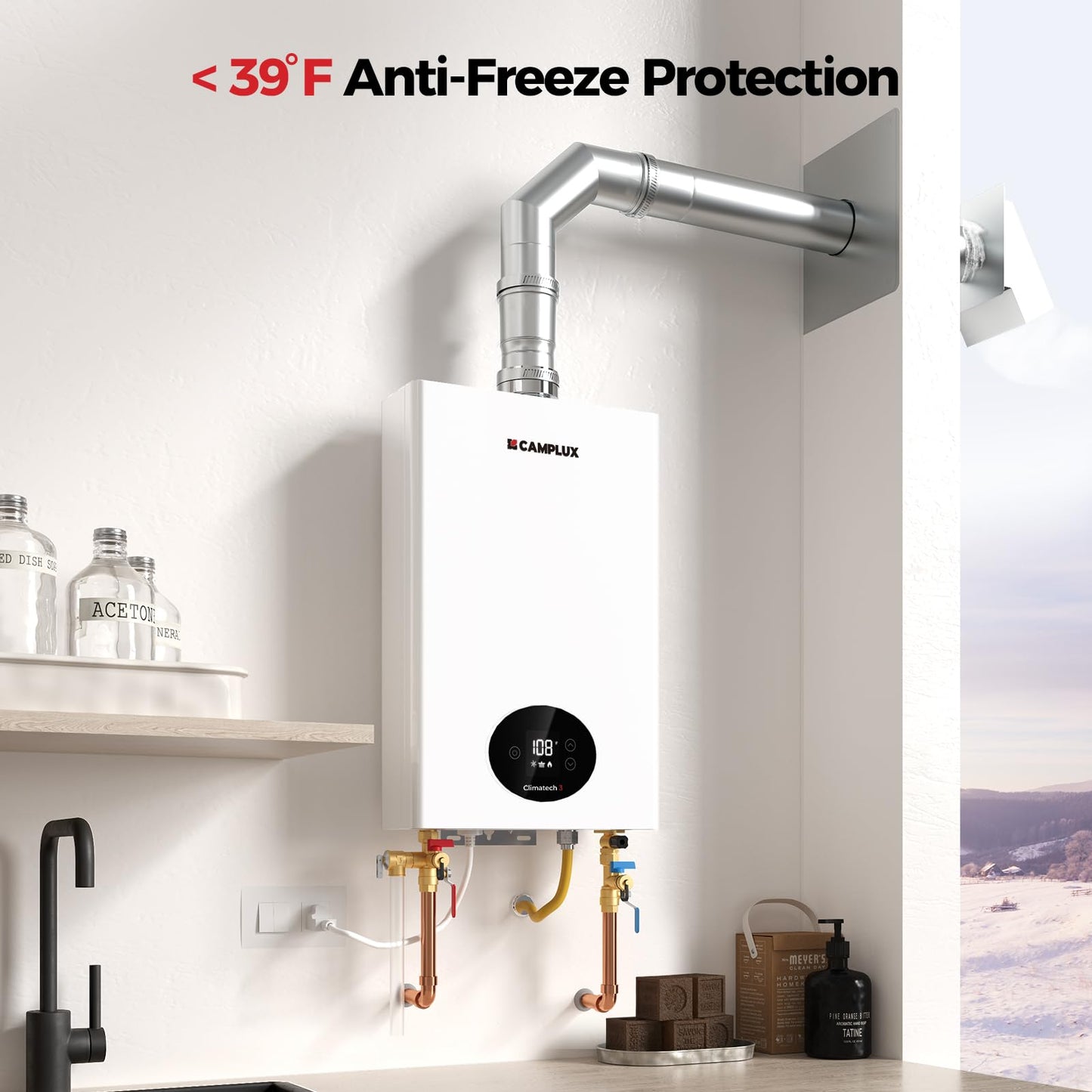 CAMPLUX Climatech 3 Tankless Water Heater Propane, 65,000 BTU Propane On Demand Hot Water Heater, Max 2.64 GPM, Indoor Installation, CX264, White