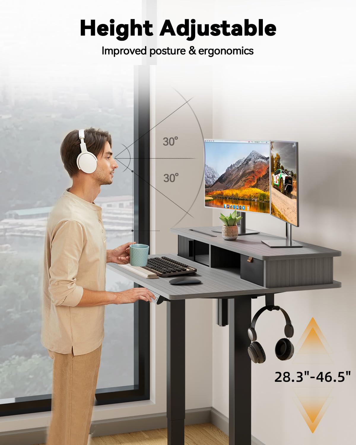 JOY worker Small Electric Standing Desk, 35" x 25" Height Adjustable Table with Built-in Monitor Stand & Storage Drawer, Grey Sit Stand Desk with 2 Hooks for Home Office