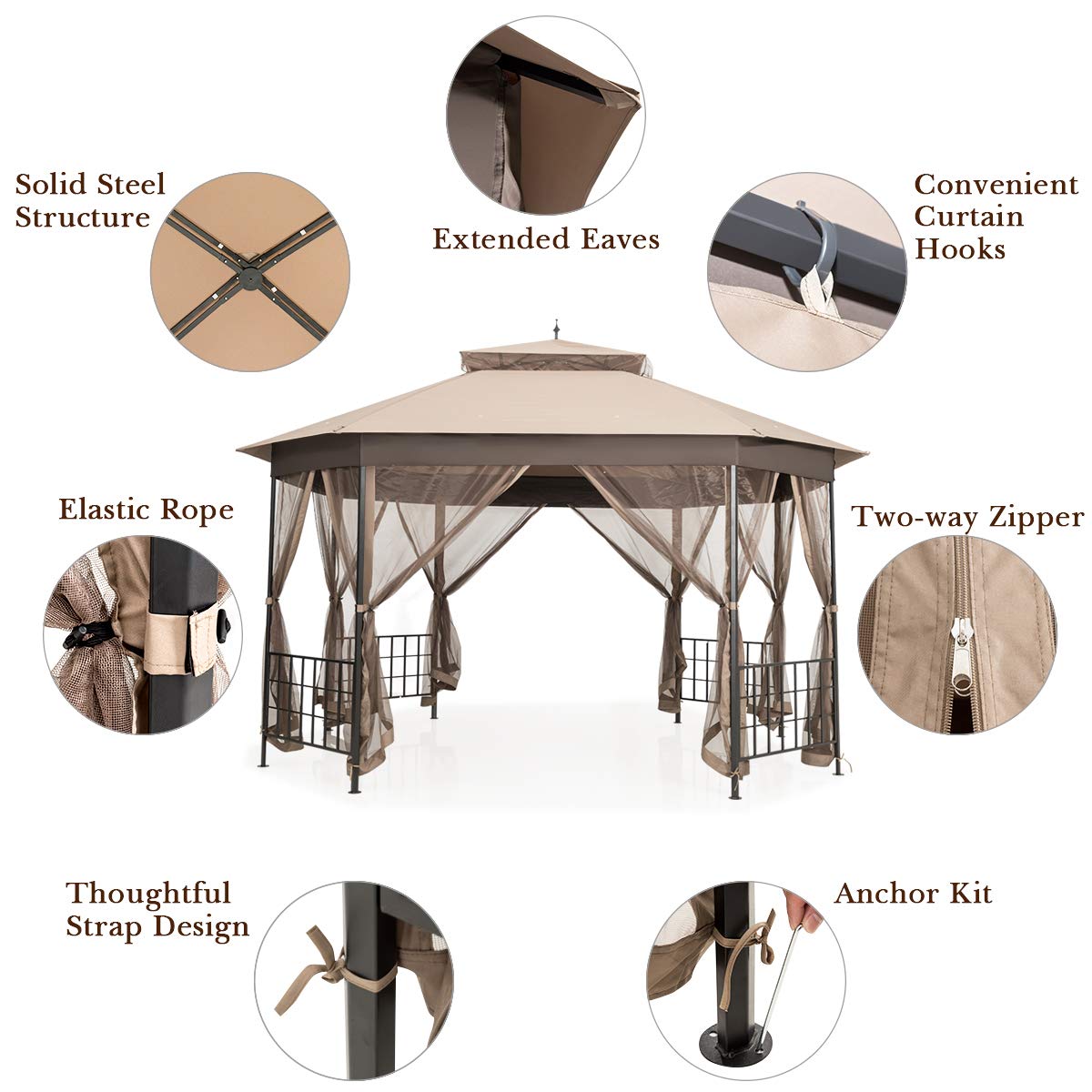 Tangkula 10 x 12 Ft Patio Gazebo, Heavy Duty Octagonal Canopy with Netting Sidewalls & Sturdy Steel Frame, Double Roof Vented Shelter for Backyard Event Party BBQ (Brown)