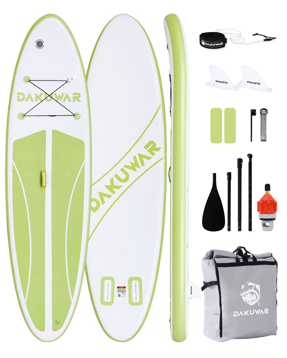 DAKUWAR Inflatable Paddle Board 10'x31.5''x6'' Folding Stand up Paddle Boards with SUP Accessories Valve Adaptor/2 fins/SUP Backpack/Ankle Leash/Repair Kit (Green and White)