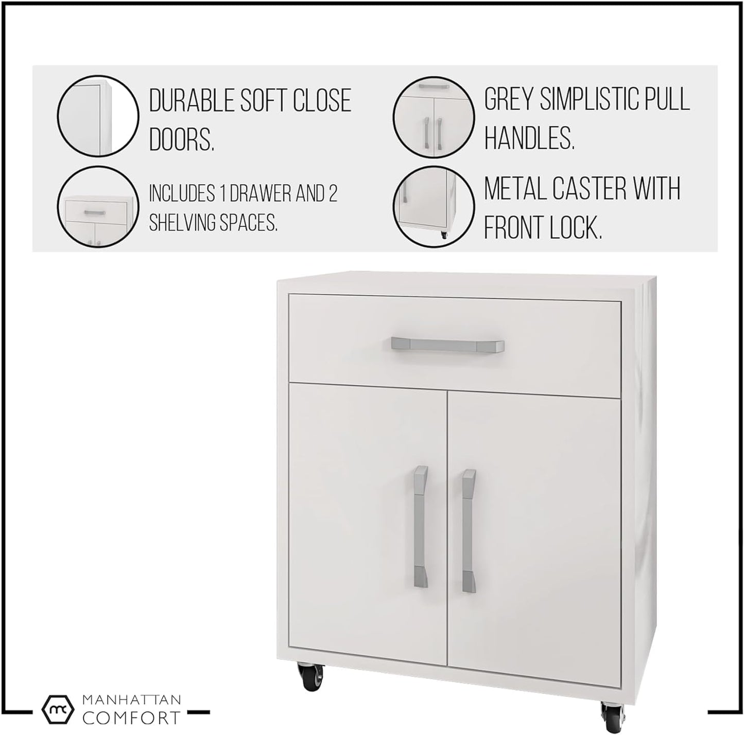 Manhattan Comfort Eiffel 28.35" Rolling Garage Cabinet with 1 Drawer, Soft Close Doors, and 2 Shelving Spaces, Wooden Mobile Outdoor Storage for Kitchen Pantry, Laundry, Office and Shop, Yellow