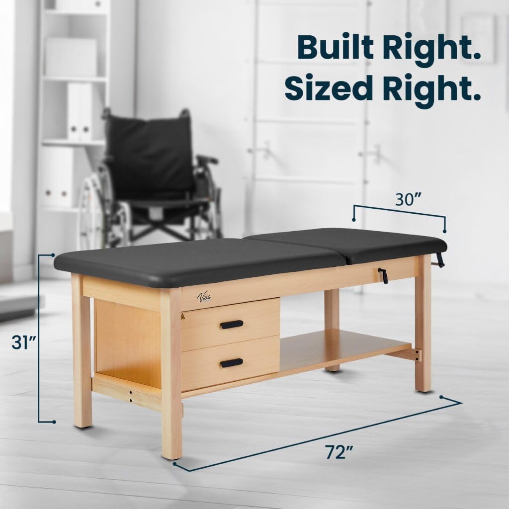 Vivacomfort Aristo H-Brace Tilted Treatment Table with Shelf and Drawers, 500 lbs Weight Capacity, Black