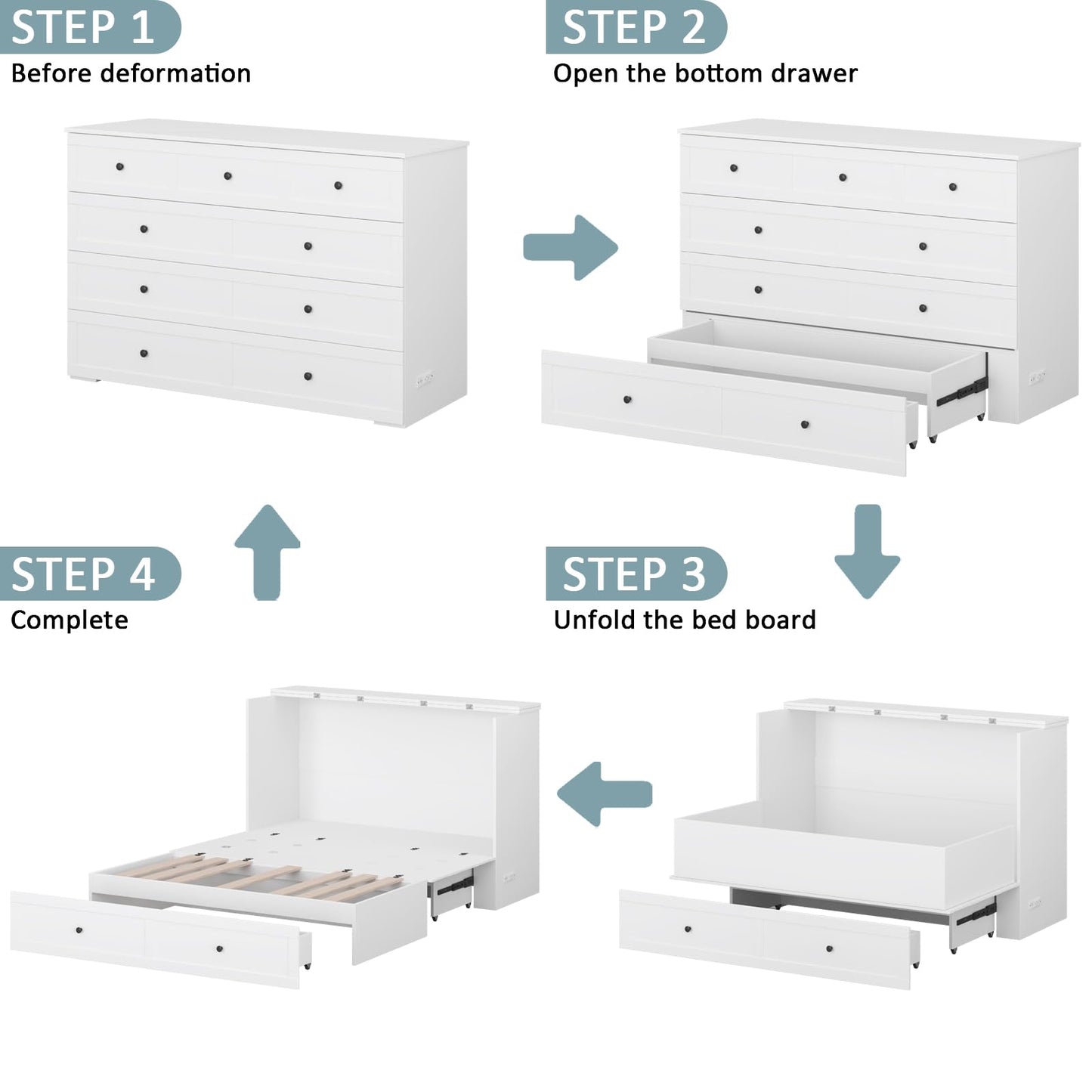 LIVAUVEAD Queen Murphy Bed with Storage & Charging Station, Murphy Cabinet with Foldable Panel, Noisy Free, for Guest Bedroom, Living Room, Office, Distressed White