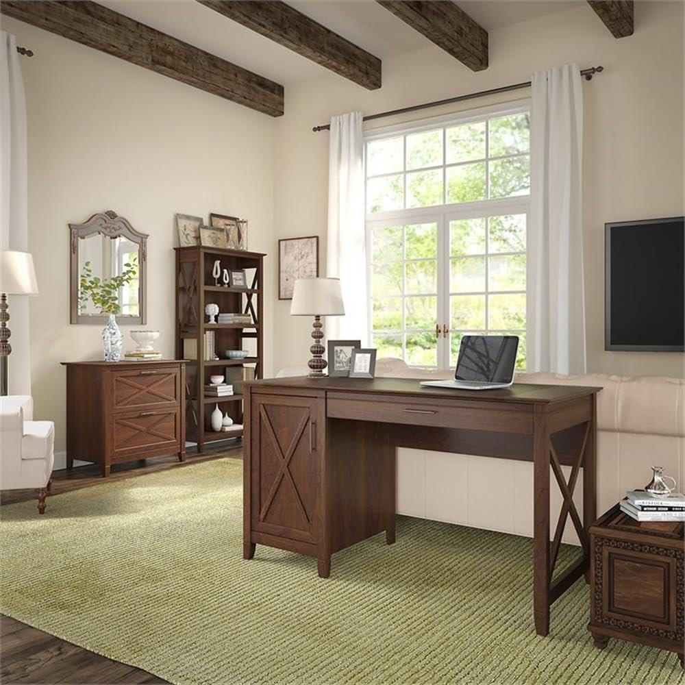 Bush Home Key West 54W Computer Desk with 2 Drawer Lateral File Cabinet and 5 Shelf Bookcase in Bing Cherry