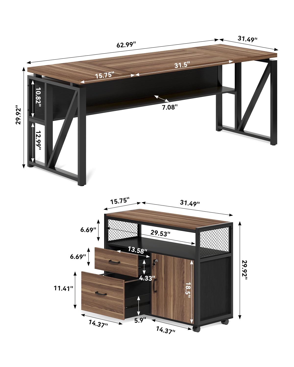 LITTLE TREE 63" L Shaped Executive Computer Desk and Drawer lateral File Cabinet, Dark Brown