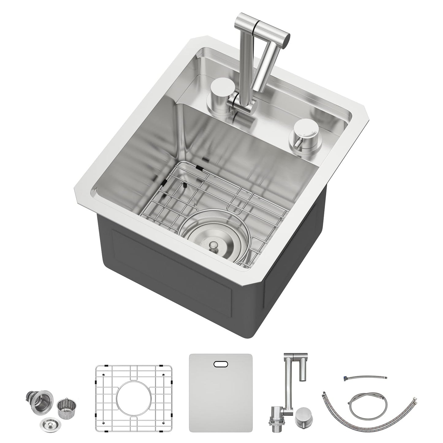 13 Inch Stainless Steel Outdoor Prep Sink - Beslend 16 Gauge Undermount Bar Sink with Folding Faucet & Cover, Waterproof for Indoor/Outdoor Kitchen, Grill Station, Poolside,13x15x9 In