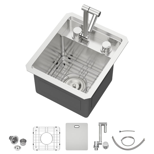 13 Inch Stainless Steel Outdoor Prep Sink - Beslend 16 Gauge Undermount Bar Sink with Folding Faucet & Cover, Waterproof for Indoor/Outdoor Kitchen, Grill Station, Poolside,13x15x9 In