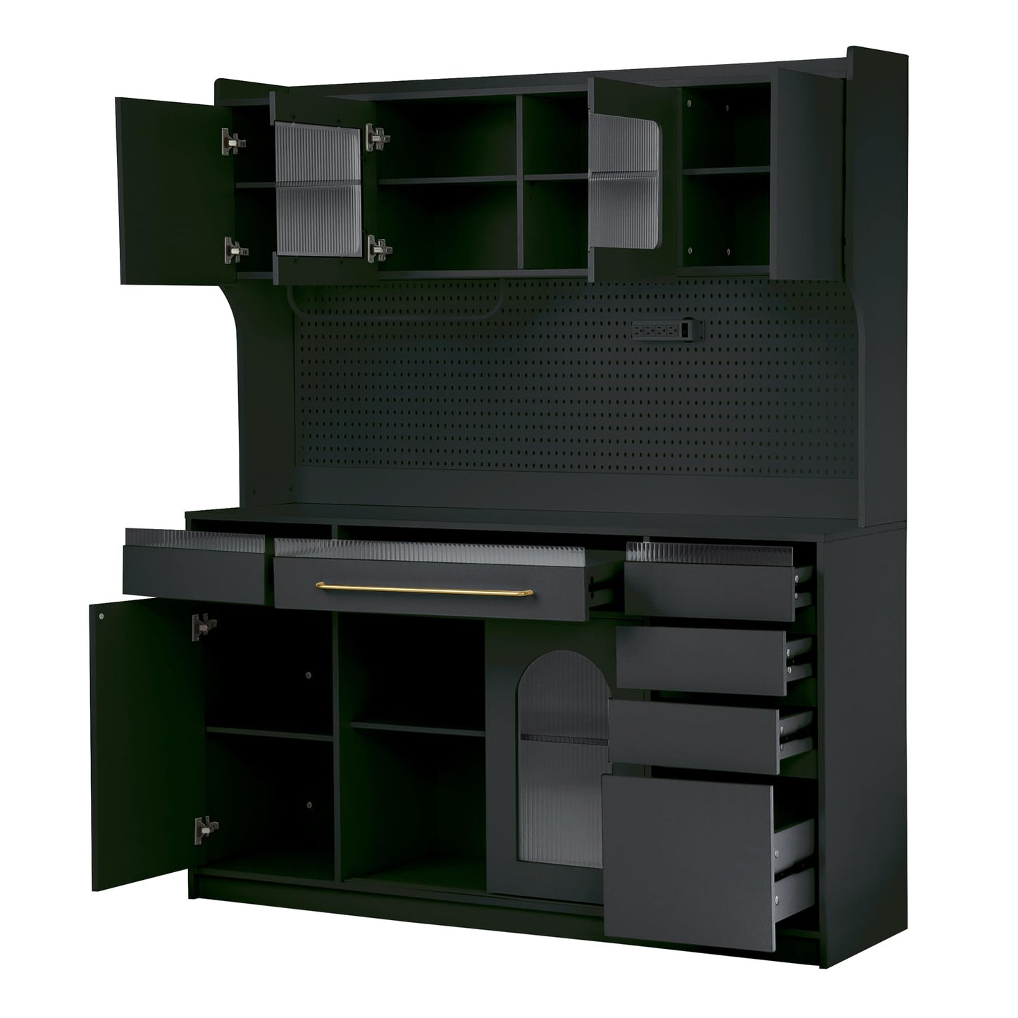 Merax Freestanding 63" W Buffet with Hutch, Large Coffee Bar Storage Cabinet with 6 Drawers, 5 Cabinets with Adjustable Shelves, Pegboard, Towel Rack, Black