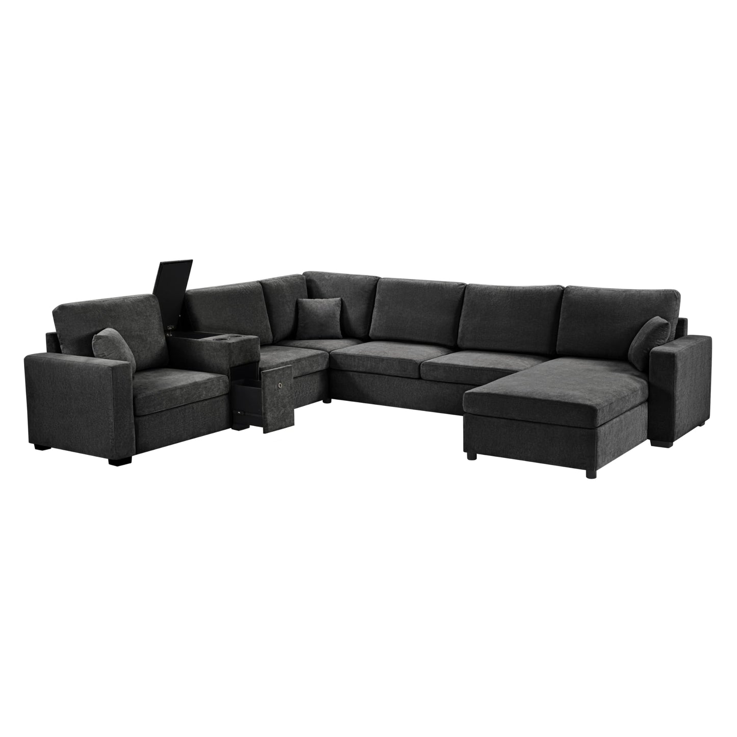 Merax Modern 134" Oversized Sectional Sofa with Piollows & Chaise Lounge, Chenille U‑Shaped Couch Set Sleeper Bed Built‑in Cup Holders, Storage Drawer for Living Room, Free Combination Black