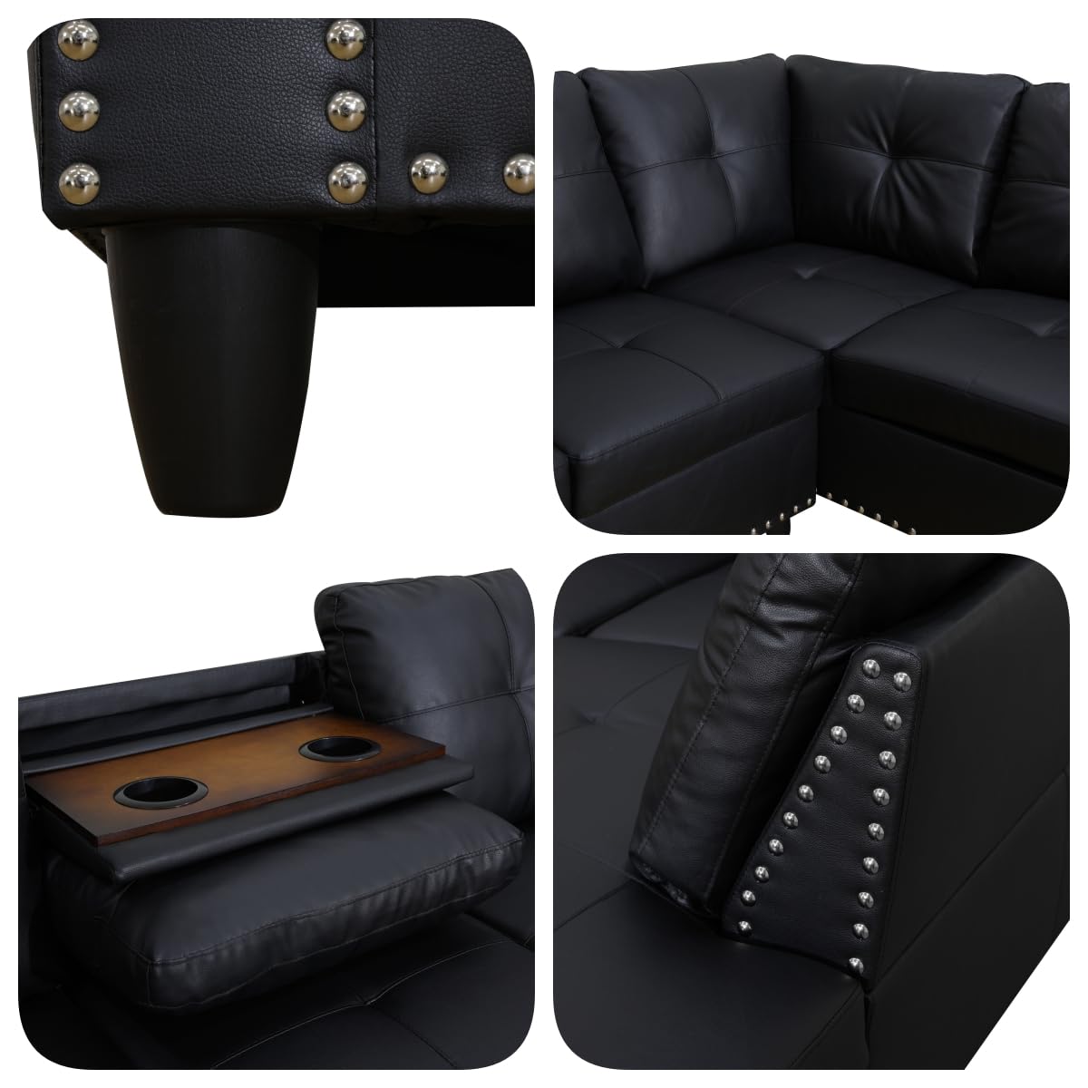 Topcomfy Sectional Couches for Living Room with Movable Chaise & Storage Ottoman - 97.5" Leather L Shaped Couches for Living Room Apartment, Home Modular Sectional Sofas with Cup Holder, Black