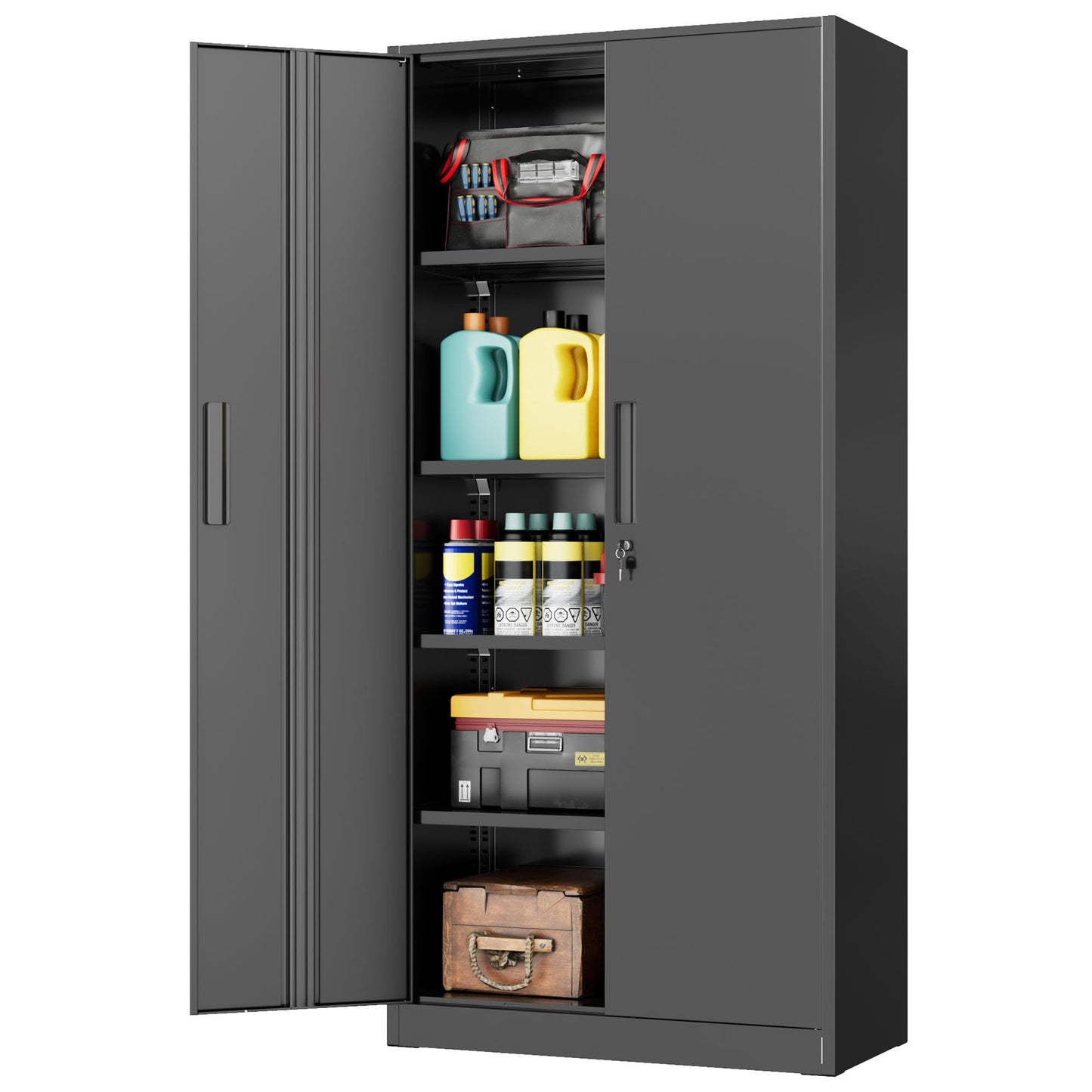 INTERGREAT Garage Storage Cabinet with Doors and Shelves, Metal Storage Cabinets with Lock, Lockable Steel Supply Cabinet for Home Office, Warehouse, Black
