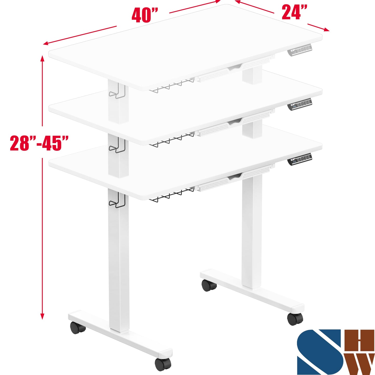 SHW 40-Inch Mobile Electric Height Adjustable Sit to Stand Desk with Drawer, Hanging Hooks and Cable Management, White