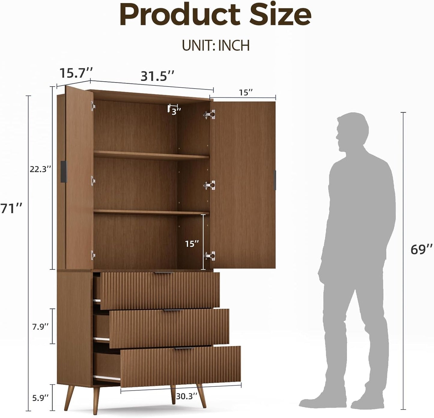 Topcomfy Tall Fluted Cabinet, Kitchen Pantry Cabinet with 2 Doors, Wood Cupboard with Adjustable Shelves, Mid Century Modern Cabinet for Living Room, Dining Room, Entryway, Office, Walnut
