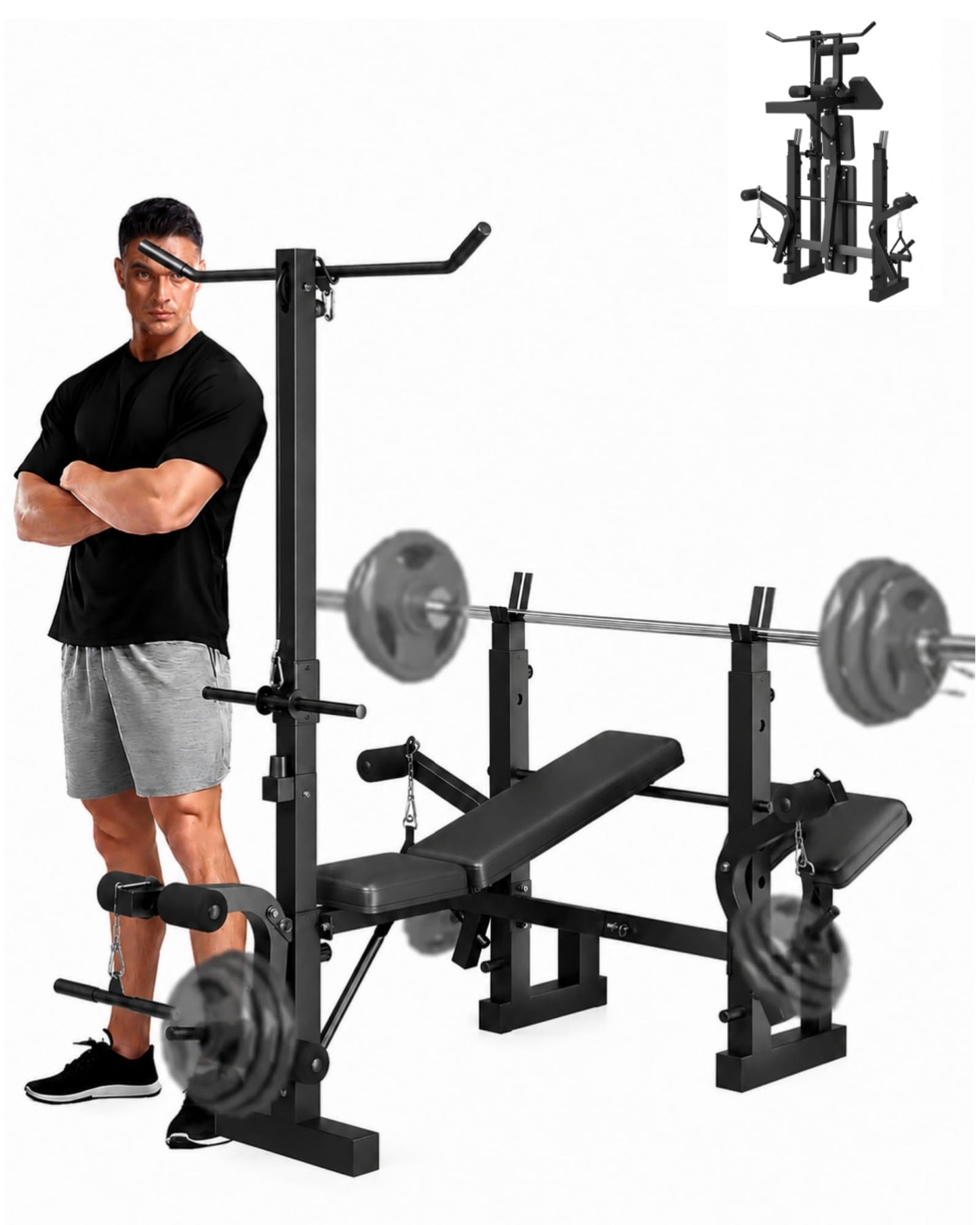 Garvee 8 in 1 Olympic Weight Bench Set with Leg Extension & Curl, Adjustable Bench Press Set with Rack, Preacher Curl Pad, Chest Fly，Lat Pulldown, Multi-Function Home Gym Strength Training Equipment