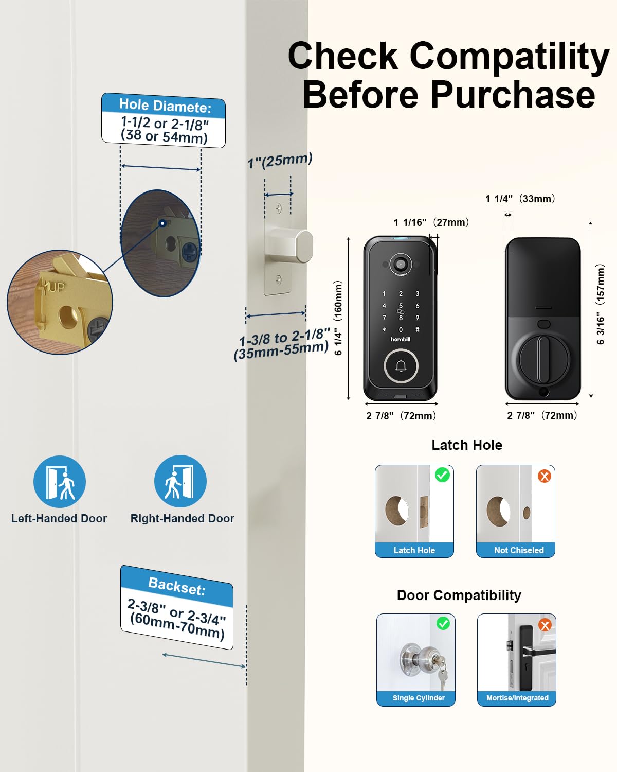 Video Smart Lock with Camera: 4-in-1 Ring+2K Camera+Doorbell+Fingerprint Hornbill Keyless Entry Door Lock, Built-in WiFi Deadbolt(only 2.4G), Two-Way Audio/App Remote Control/PIR, No Monthly Fee