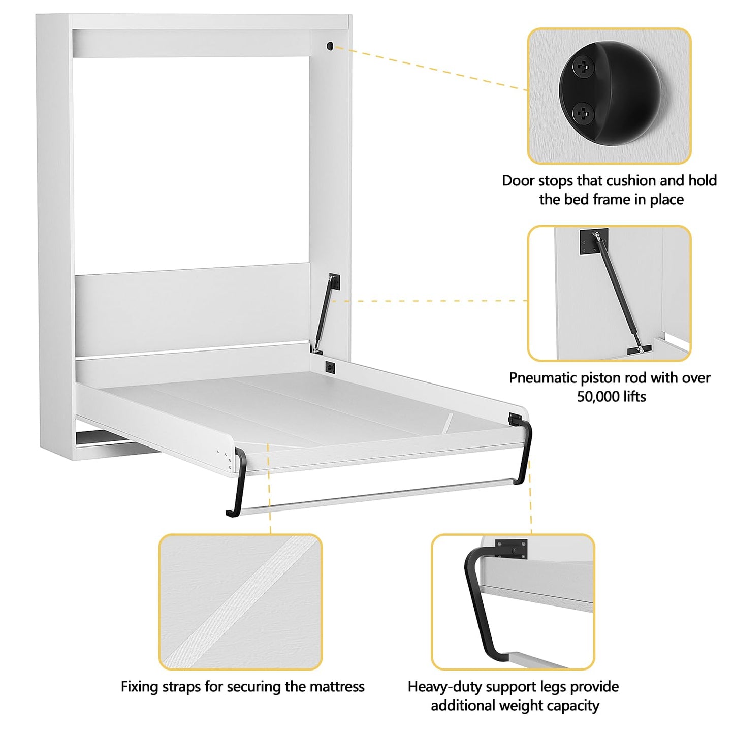 ROOMTEC Full Size Murphy Wall Bed, White, Space-Saving Furniture Bed Frame for Bed Room,Guest Room,Home Office
