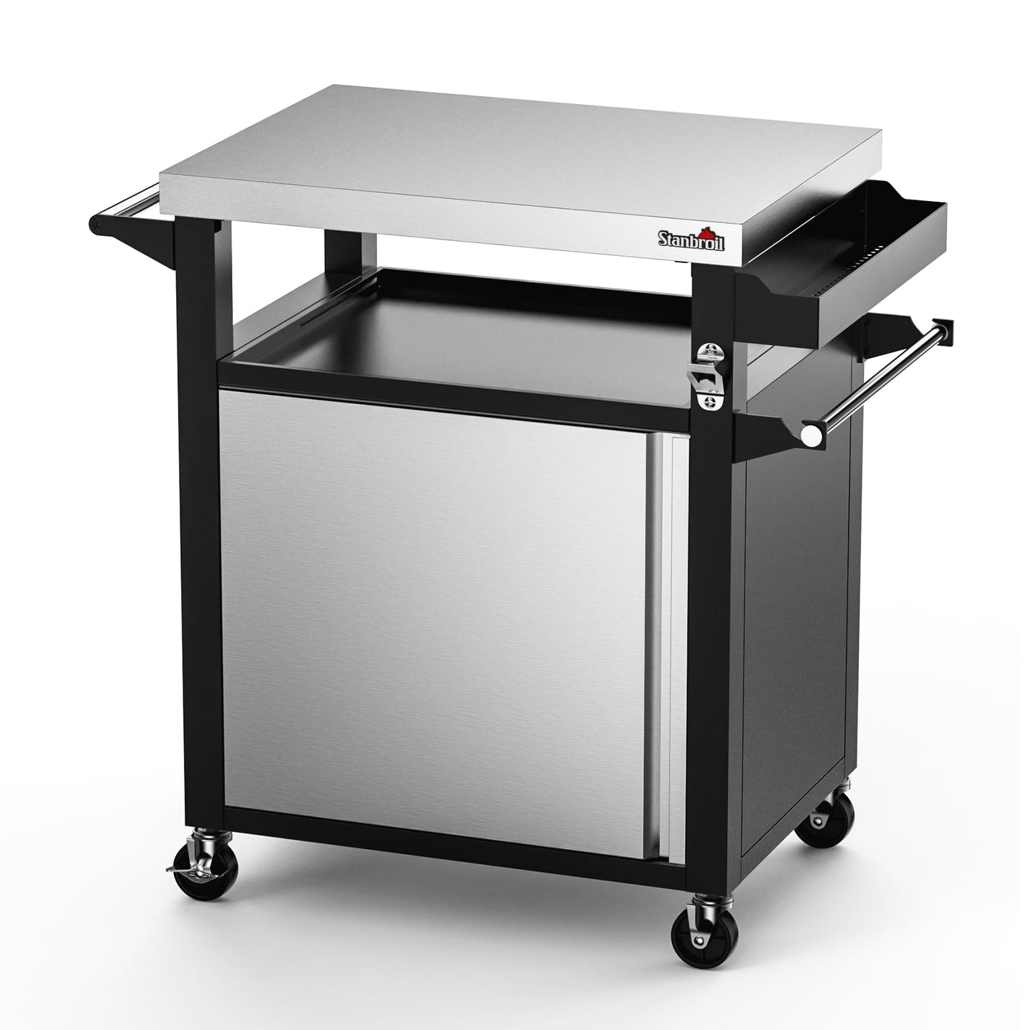 Stanbroil Rolling Grill Table Cart with Storage Cabinet, 3-Shelf Movable Prep Table Outdoor Bar, Multifunctional Grill Cart with Stainless Steel Tabletop, Paper Towel Holder