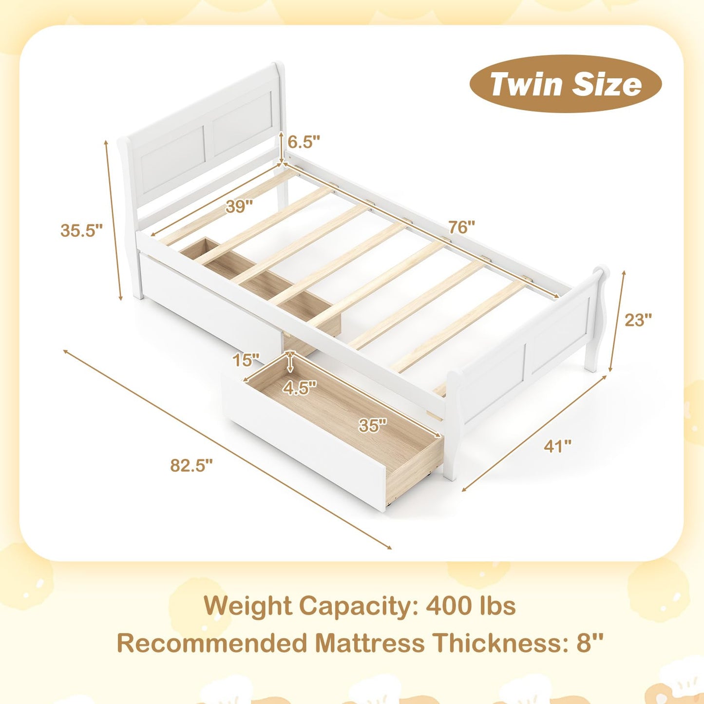 Giantex Twin Bed with 2 Storage Drawers, Wood Platform Bed with Headboard & Footboard, Wooden Slats Support Mattress Foundation, Twin Bed Frames for Kids Teens Adults, No Box Spring Needed (White)