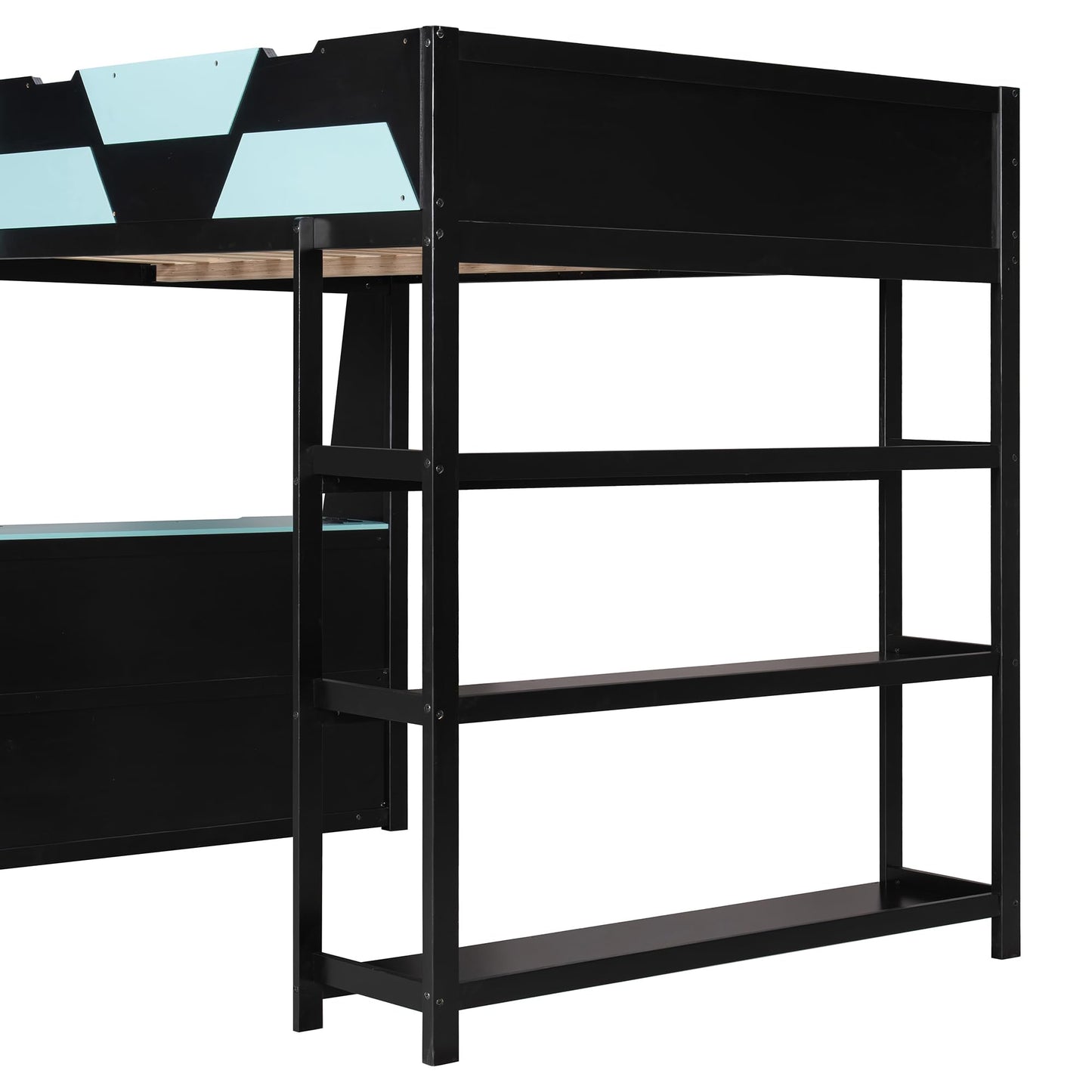 Merax Full Size Gaming Loft Bed with Side-Mounted Desk & 3-Tier Storage Shelves. Space-Saving Bedroom Set with Built-in Power Outlets & USB Ports for Teens & Gamers, Black+Blue