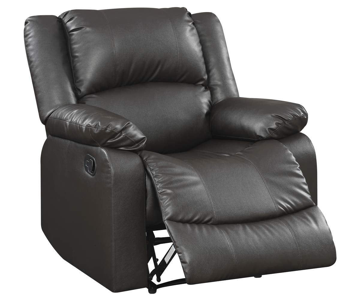 Relax-A-Lounger Warren 35.5" Manual Pull-Handle Recliner, Traditional Overstuffed, Pocket Coil Comfort, Black Metal Base Legs, Soft Vegan Leather Fabric, Java