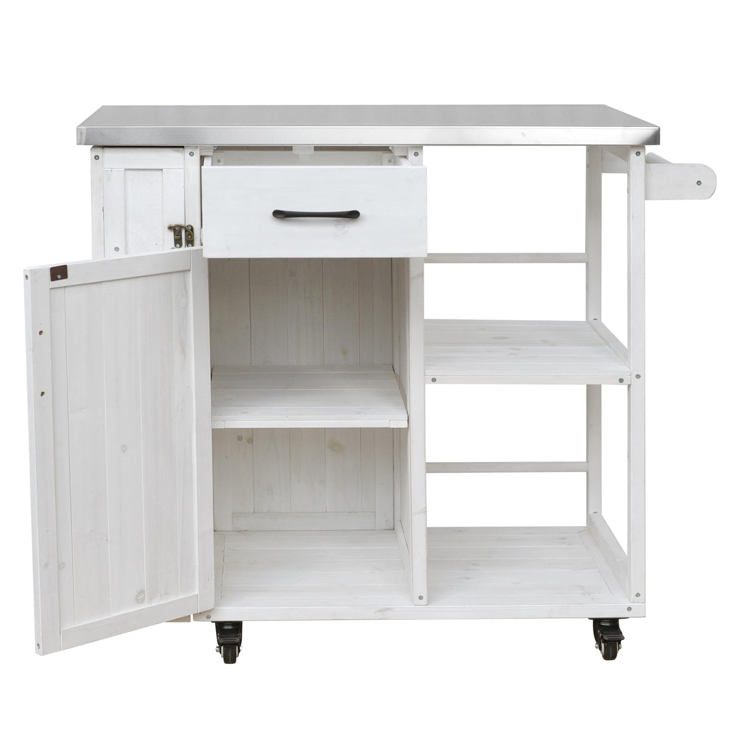Outdoor Kitchen Island Cart with Stainless Steel Top, Rolling Grill Table with Storage Cabinet Drawer Shelves and Towel Rack, Wooden BBQ Prep Station with Lockable Wheels for Patio Backyard, White