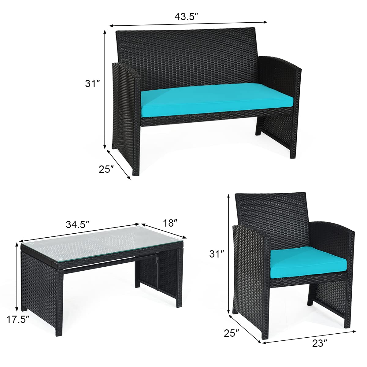 Tangkula 4 Pieces Patio Wicker Conversation Furniture Set, Patiojoy Sofa & Table Set w/4 Seats, Outdoor Rattan Sofa Set for Balcony Backyard, Wicker Chair Set with Tempered Glass Coffee Table