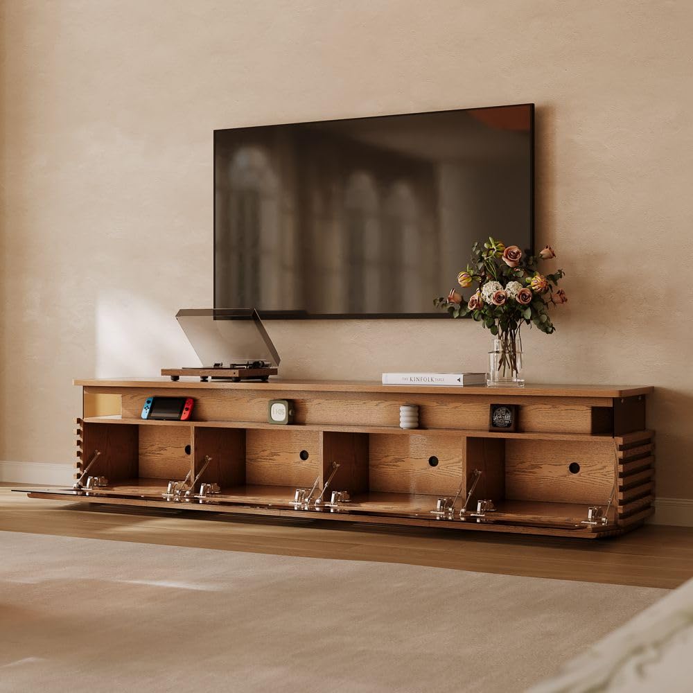 POVISON Fully Assembled Mid-Century Modern TV Stand, 94.49 Horizontal Slatted Media Console with Adjustable LED Lights, Ventilated Storage, Walnut Entertainment Center for Living Room