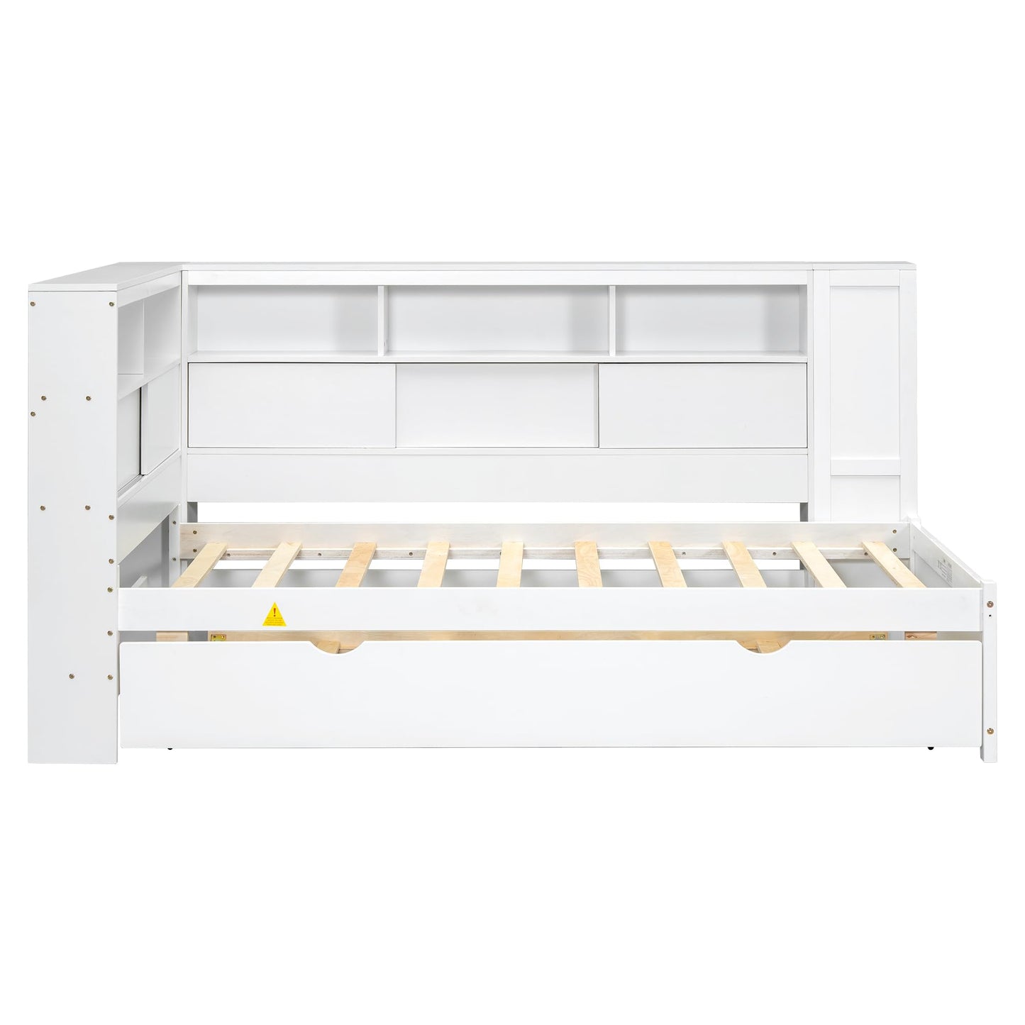 Merax Twin Size Modern Upholstered Platform Bed with USB Ports & Trundle Bed, Floor Daybed with Wood Slat Support, Storage Bed Frame with Headboard/Twin, White