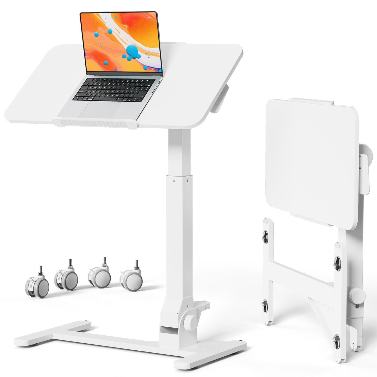 JOY worker Foldable Mobile Standing Desk, 180° Tiltable Overbed Bedside Table with 4 Lockable Wheels, 31.5" Height Adjustable Rolling Laptop Desk for Home & Hospital Use, Easy Storage, White