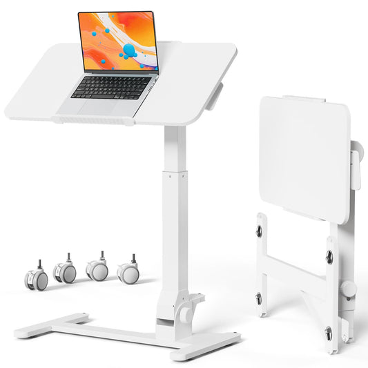JOY worker Foldable Mobile Standing Desk, 180° Tiltable Overbed Bedside Table with 4 Lockable Wheels, 31.5" Height Adjustable Rolling Laptop Desk for Home & Hospital Use, Easy Storage, White