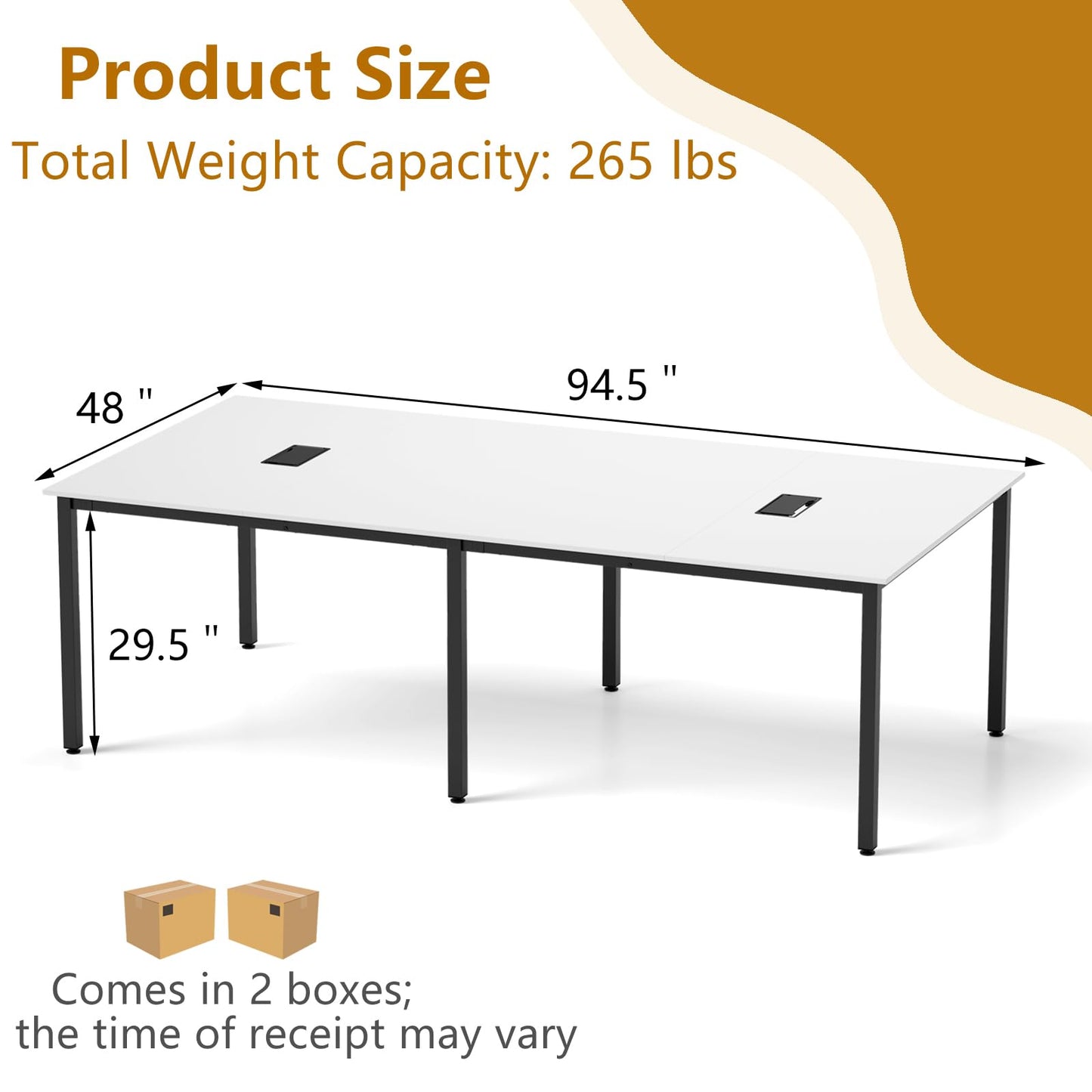 Nightcore Rectangle Conference Table for 10, 8 ft Large Seminar Table with 2 Cable Grommets, Modern Industrial Office Computer Desk with Metal Legs for Boardroom, Meeting Room, White