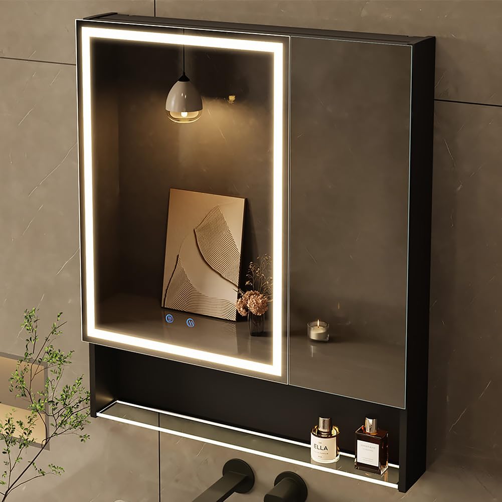 30"×34" Lighted Medicine Mirror Cabinet with Storage Adjustable Brightness 3 Color Temperature Lighting Anti-Fog Sturdy Aluminum Medicine Cabinet with Lights 2 Socket & 2 USB Ports & Adjustable Shelf