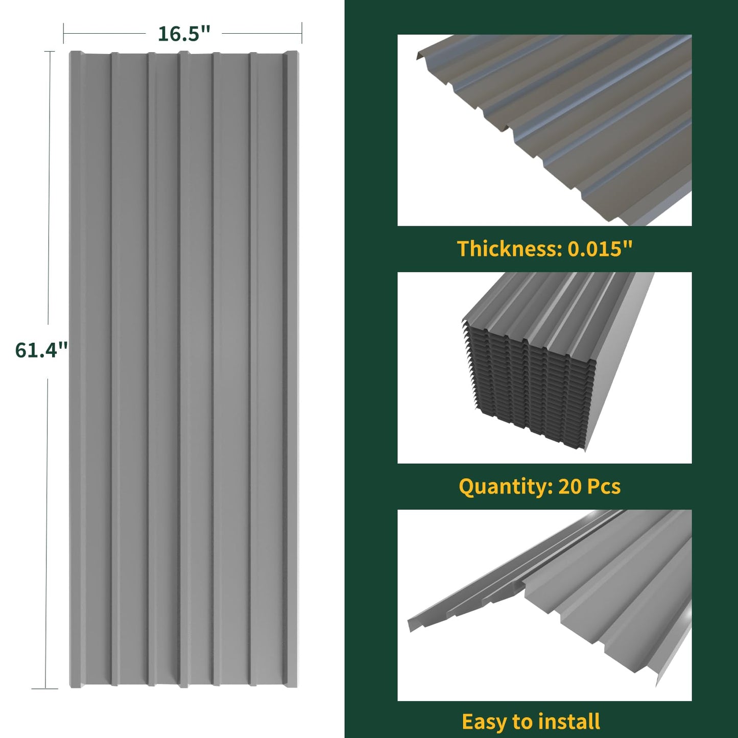 NeatiEase 20 Pcs Metal Roofing Panels, 5.1 Feet Corrugated Galvanized Roofing Panels Metal Siding Panels with Steel Screws for Pergola, Gazebo, Shed, Outdoor Storage, Chicken Coop, Patio,Garages
