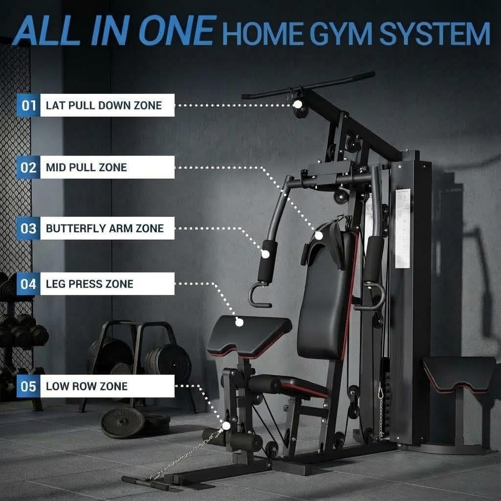 Multifunctional Home Gym Equipment - 150LB Weight Stack Workout Station for Full Body Strength Training, High/Low Pulley System with Leg Press & Butterfly Arms