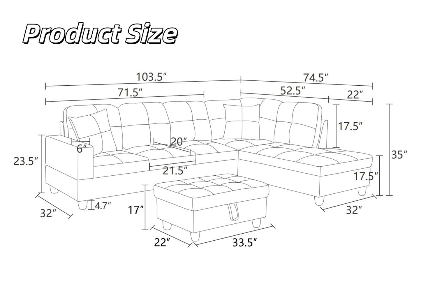 NicBex Sectional Couch 3 Pieces Sofa Set, L-Shaped Modular Couches for Living Room, Furniture Sets with Lounge Chaise & Storage Ottoman, Multi-Scene Use for Apartment & Office, Beige+Black