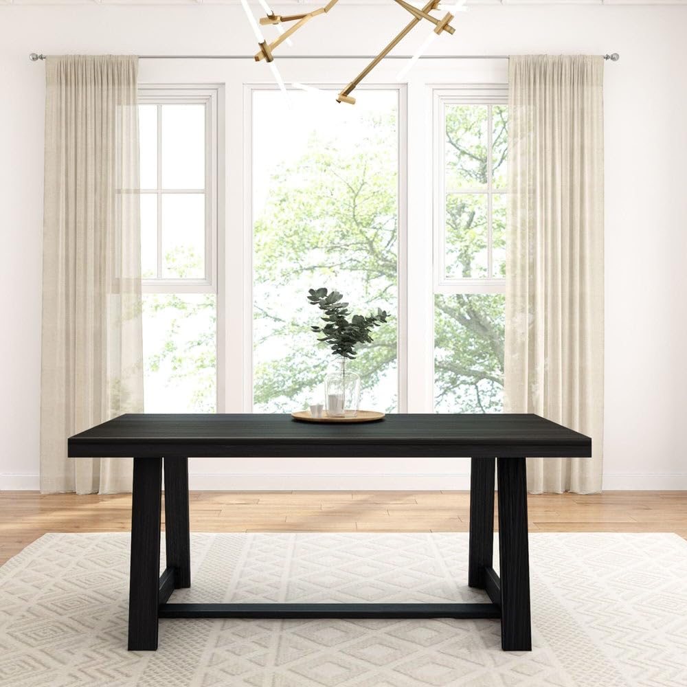 Plank+Beam 72 Inch Farmhouse Dining Table, Solid Wood Rustic Kitchen Table, Large Wooden Rectangular Dinner Table for Dining Room, Home Office, Living Room Furniture, Easy Assembly, Black Wirebrush