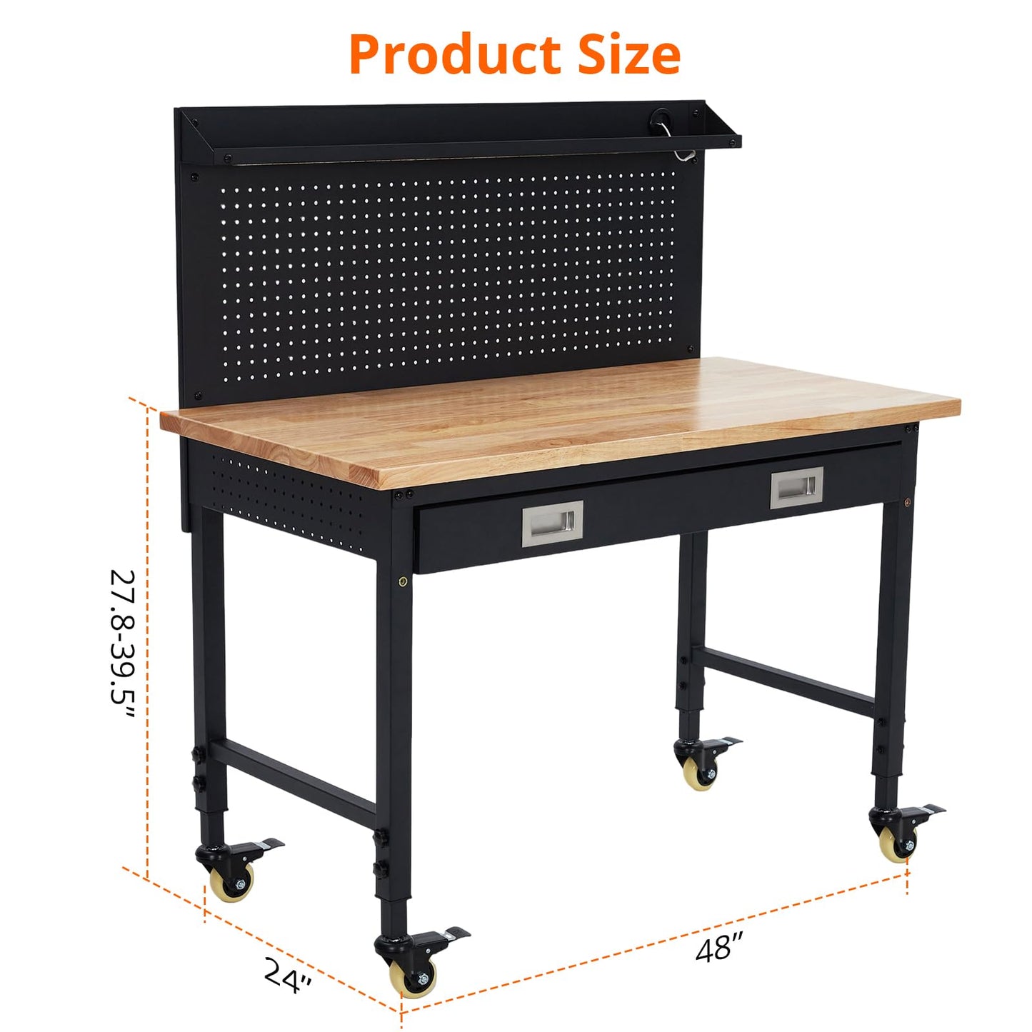 ACONEE 48" Workbench Heavy Duty, Adjustable Height Workstation with Drawer Storage, Backplate, 2000 LB Load Capacity, Multipurpose Rubber Wood Shop Table with Power Outlets, Hooks, Garage Storage