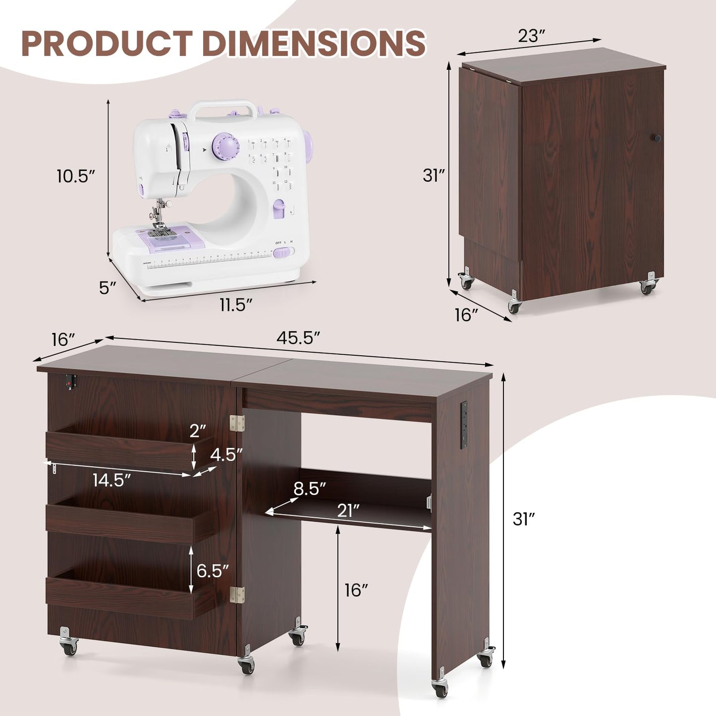 COSTWAY Folding Sewing Table with Portable Sewing Machine, 3 in 1 Drop Leaf Craft Table, Rolling Sewing Machine Desk with Charging Station, 3 Trays, Lower Shelf, 5 Universal Casters (Brown)