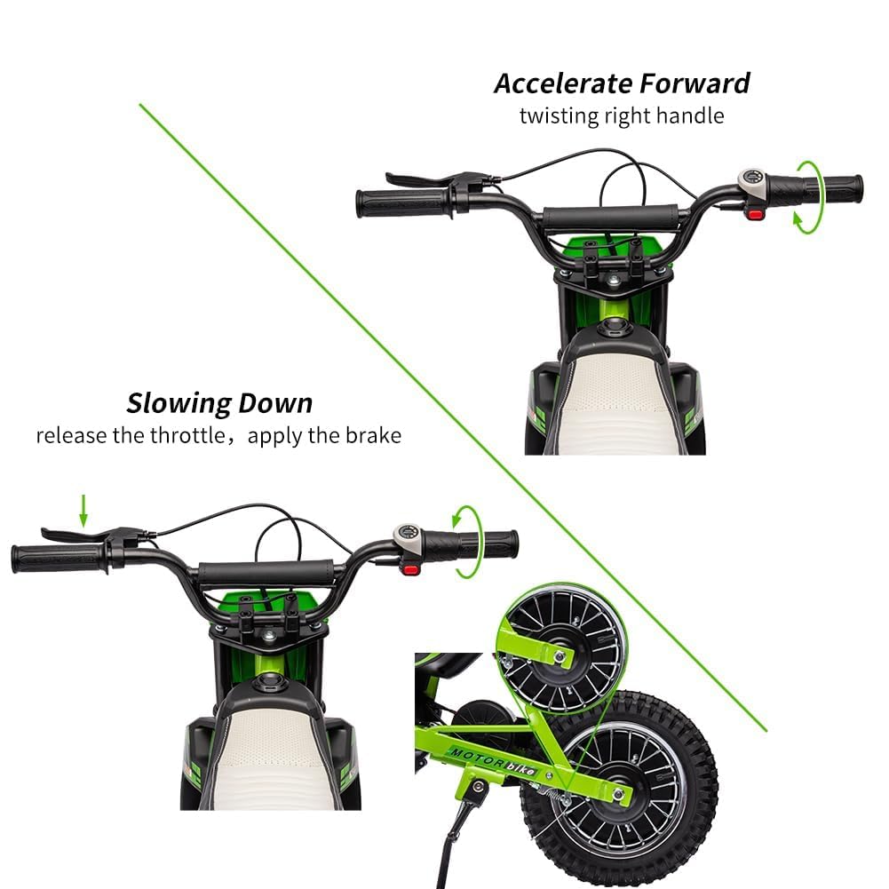 24V Electric Off-Road Motorcycle,250W Motor 13.6MPH Fast Speed Motocross,Leather Seat Dirt Bike,Twist Grip Throttle,Metal Suspension,Air-Filled Tires,for Kids Teens 8+ (Green)