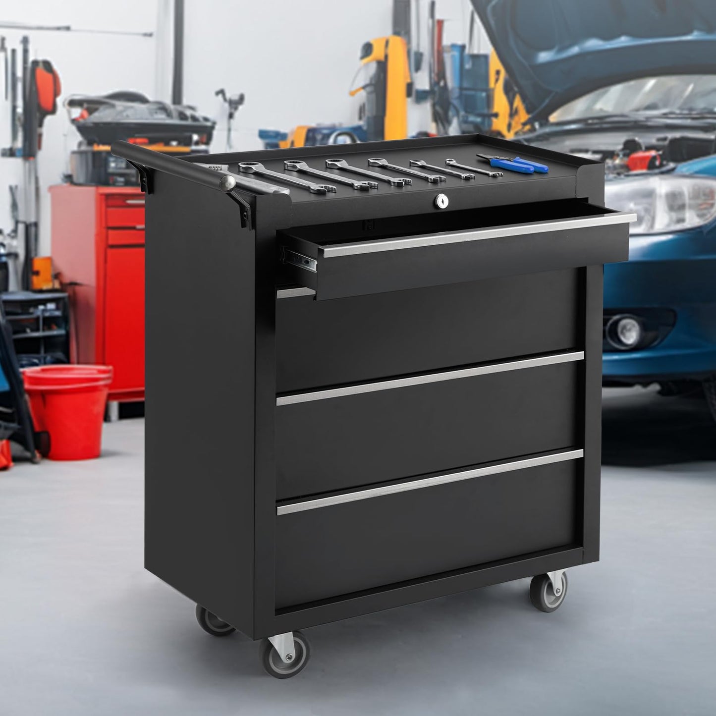 EliteEdge 24” Heavy-Duty Rolling Tool Cabinet, 4-Drawer Lockable Steel Tool Chest with 4 Locking Wheels & Reinforced Frame, High Weight Capacity Organizer for Garage, Workshop, and Home Use