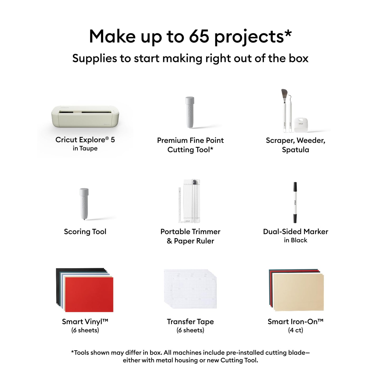 Cricut Explore® 5 Essential Bundle + Digital Content, Taupe - Precise Cutting Machine - Works with 100+ Materials - Sleek, Simplified Design - Includes Supplies for 65 Projects + Bonus Digital Content