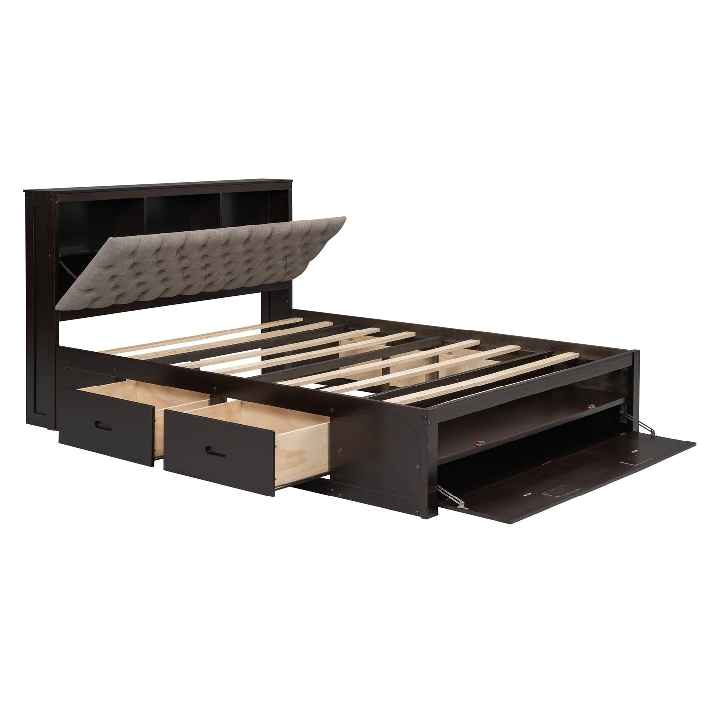 Merax Queen Size Bed Frame with Upholstered Storage Headboard, Rustic Wood Platform Bed with Four Drawers and Shoe Rack, Sturdy Wooden Slats Support, No Box Spring Needed, Easy Assembly, Espresso