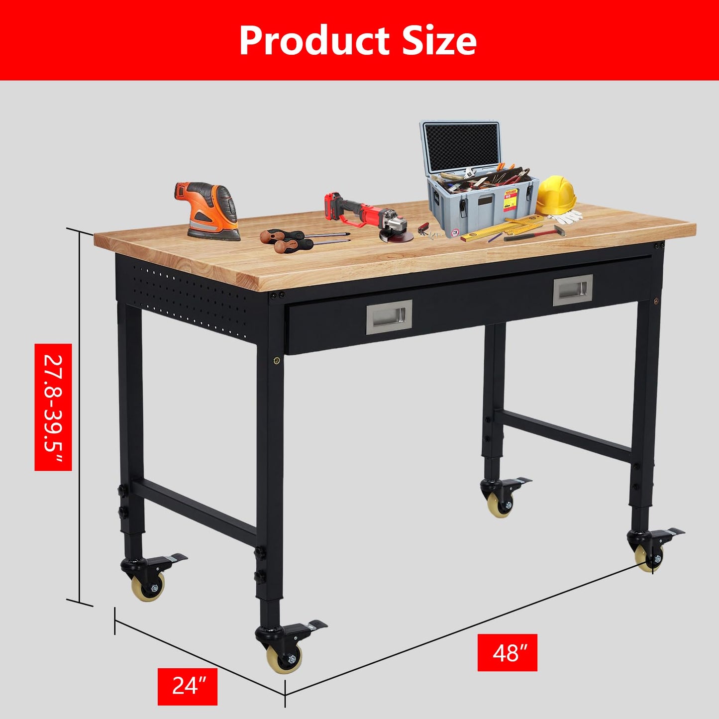 ACONEE 48" Adjustable Workbench for Garage, Heavy Duty Worktable with Drawer, 2000 LBs Load Capacity, Rubber Wood Workshop Bench with Power Outlet & 4 Lockable Wheels, 48x24x1.5 in Thick Rubber Top