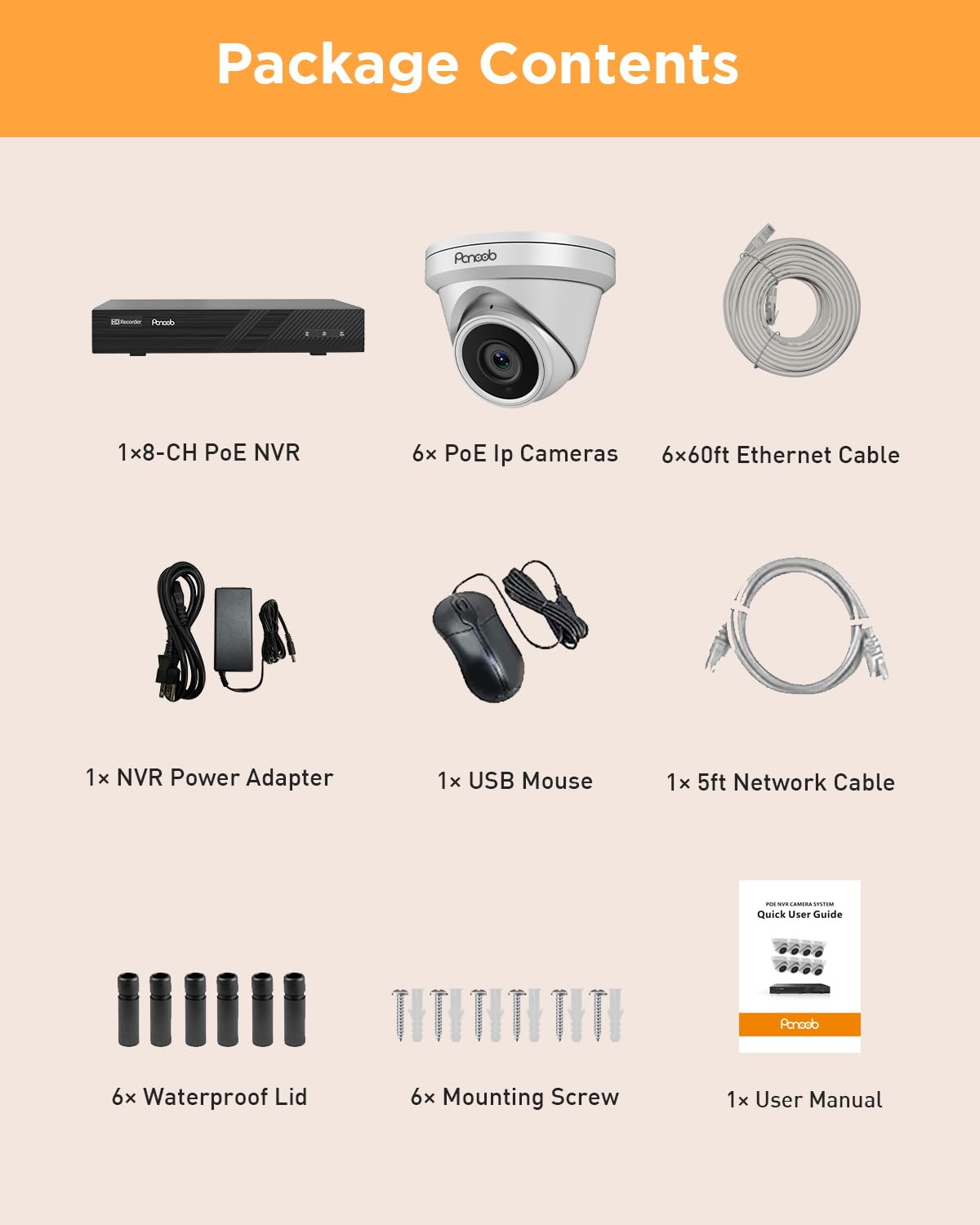 PANOOB NVR Security Camera System 8 Channel, 6X 5MP Wired Surveillance IP Dome Turret Camera with Person Detection for Home Security, 100ft IR Night Vision, 4K 8CH PoE NVR 2TB HDD, PD93A0608-5M