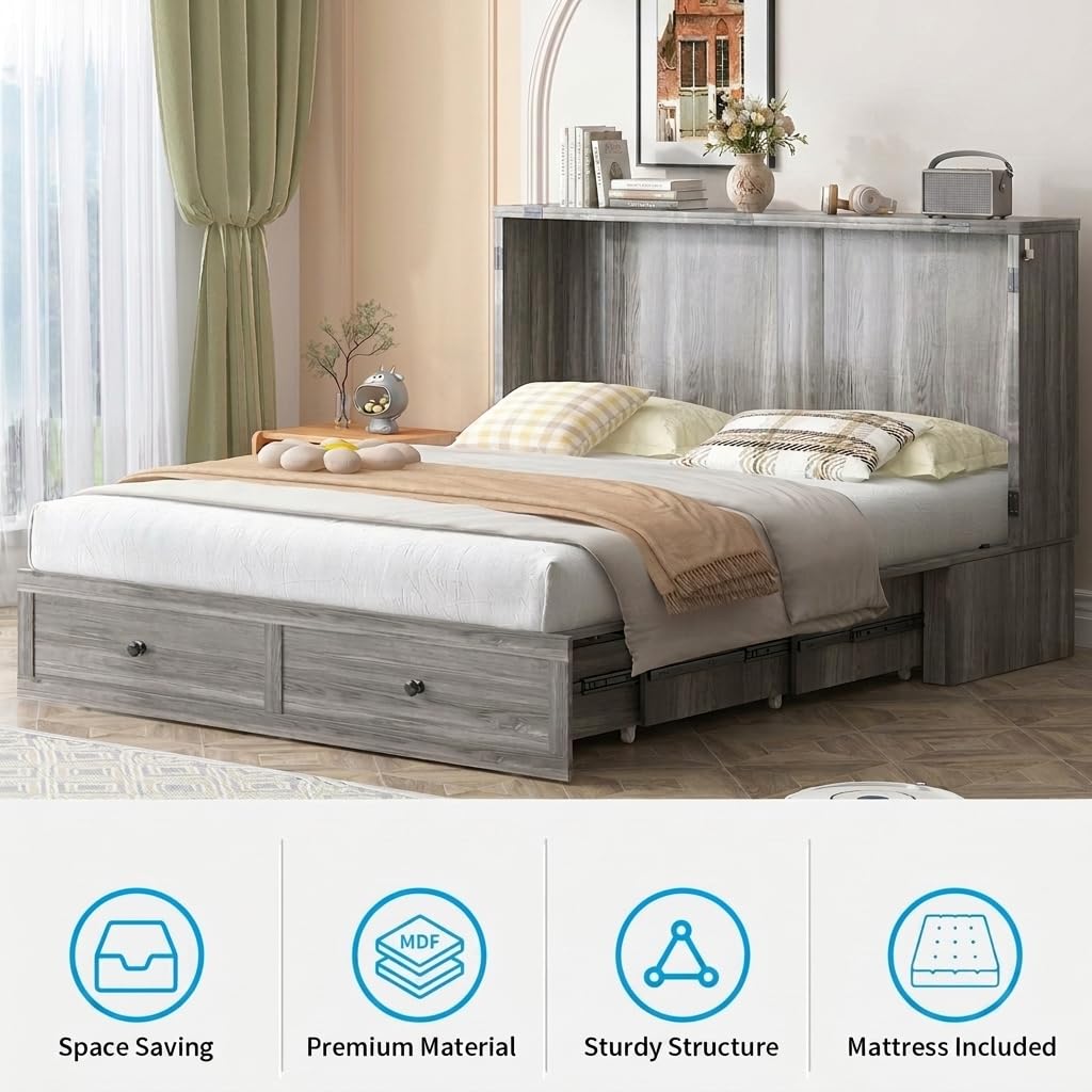 Mjkone Full Size Murphy Bed Cabinet with 5” Tri-Folding Foam Mattress, Foldable Convertible Chest Cabinet Wall Bed with Drawers & USB Charging Station for Small Spaces, Guest Room, Studio, Grey